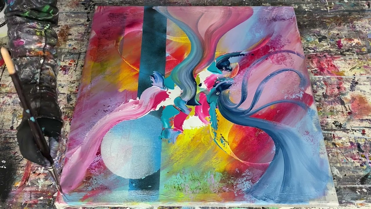 Démonstration Peinture abstraite colorée avec peinture acrylique par Angélique Louail