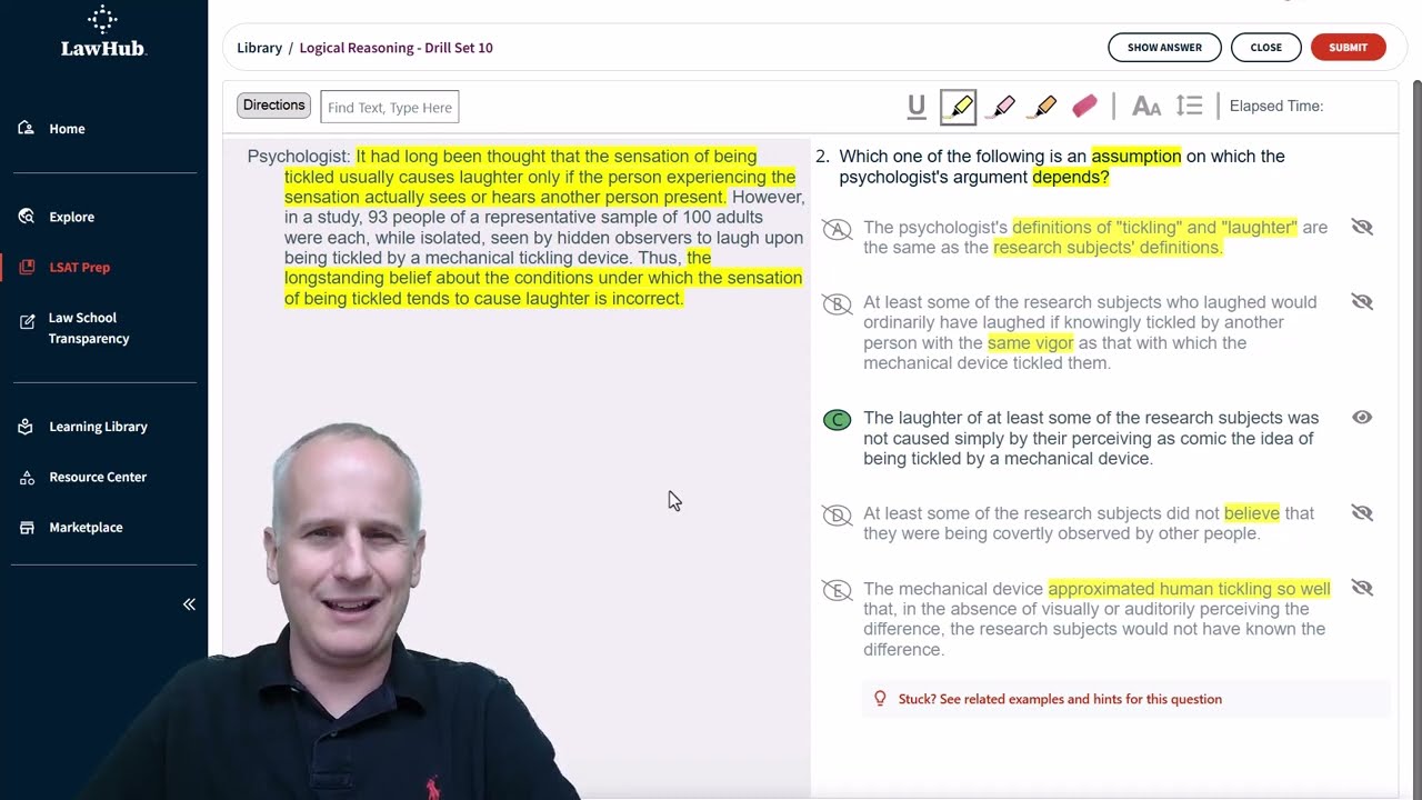 Как определить необходимое предположение LSAT с подробностями, используя набор упражнений по логи...