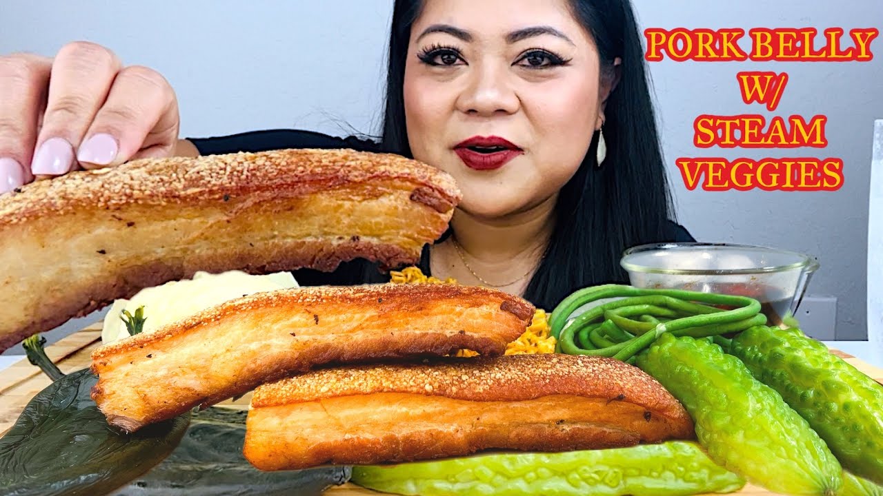 PORK BELLY AND SPICY SAMYANG CARBONARA NOODLES | STEAM VEGGIES | EATING SHOW