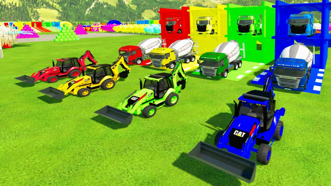 Garage With Color - TRANSPORTING CAT BACKHOE EXCAVATOR, SCANIA MIXER TRUCK TO COLORUFL GARAGE #fs22