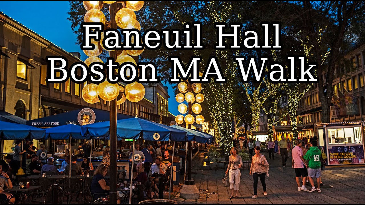 [4K] Boston Nightlife Walk around. Faneuil Hall in Boston Massachusetts. Quincy Market.