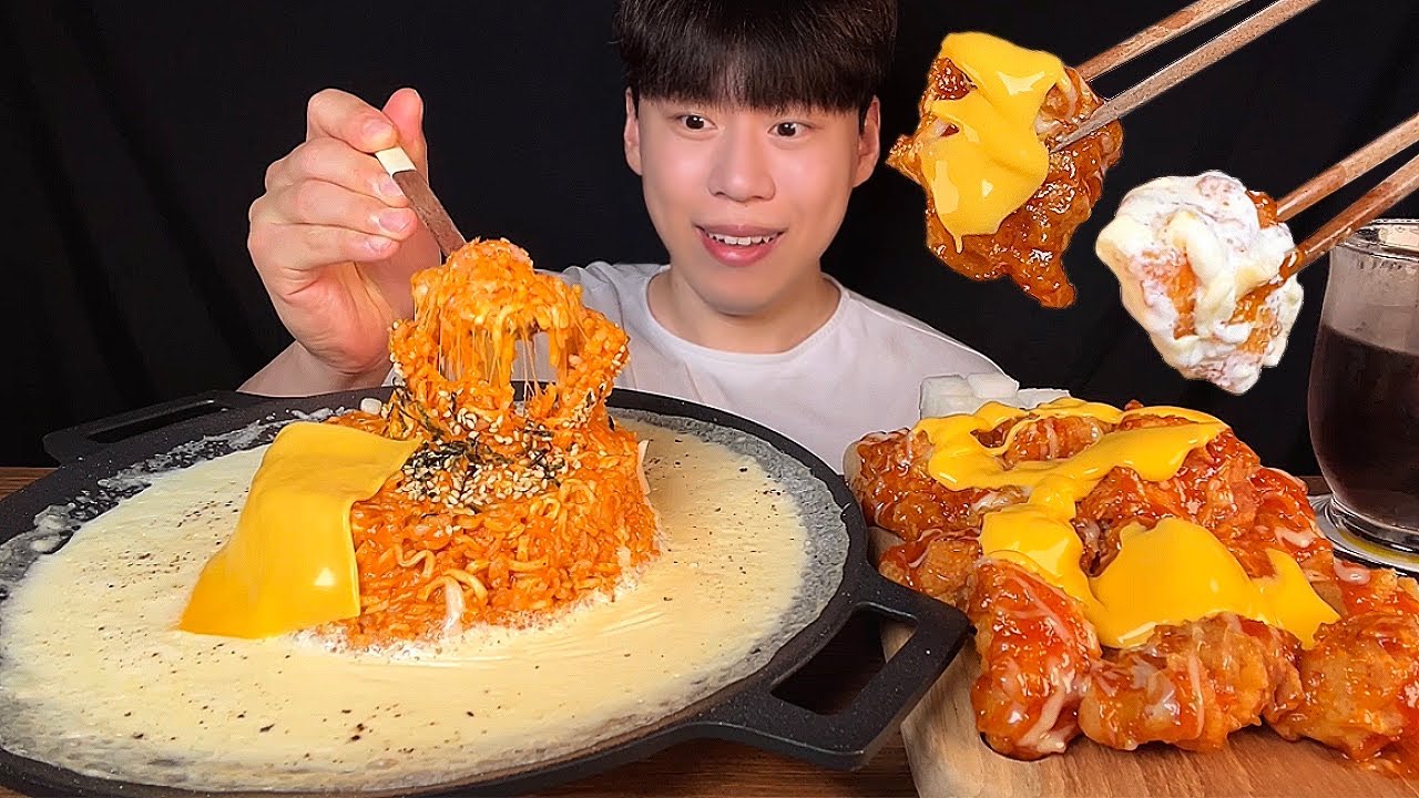 SUB) Корейская еда, ризотто с бульдаком и приправленной курицей с сырным соусом мукбанг асмр