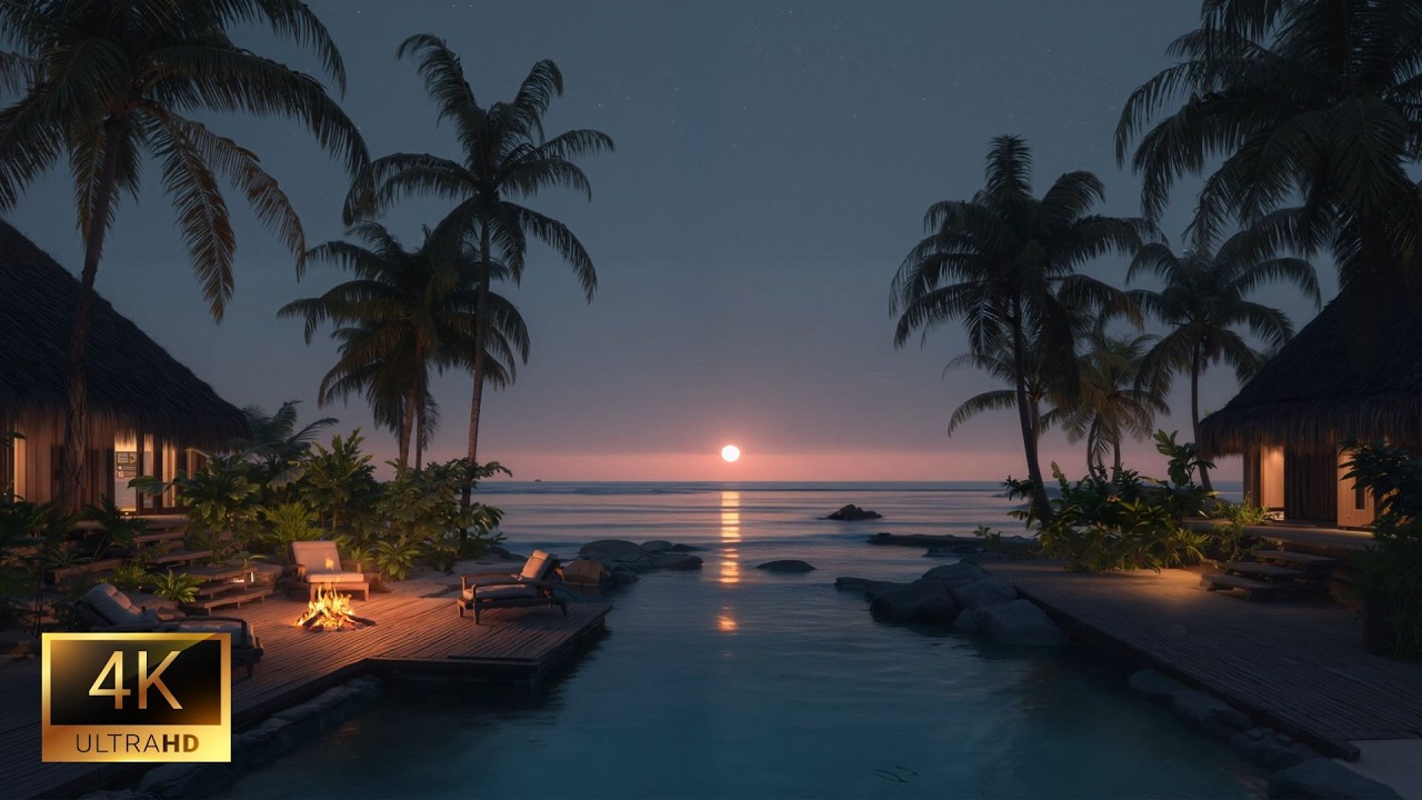 Deep Sleep Ocean Waves in Tropical Beach Sunset 🌊 Crackling Fire for Relaxation