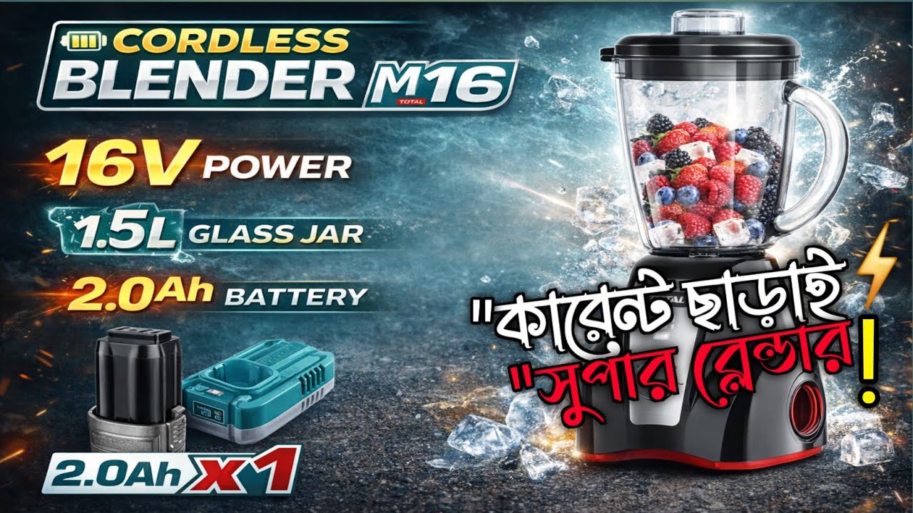 কারেন্ট ছাড়াই শক্তিশালি ব্লেন্ডার!। 16V কর্ডলেস ব্লেন্ডার রিভিউ, 1.5L গ্লাস জগ ⚡