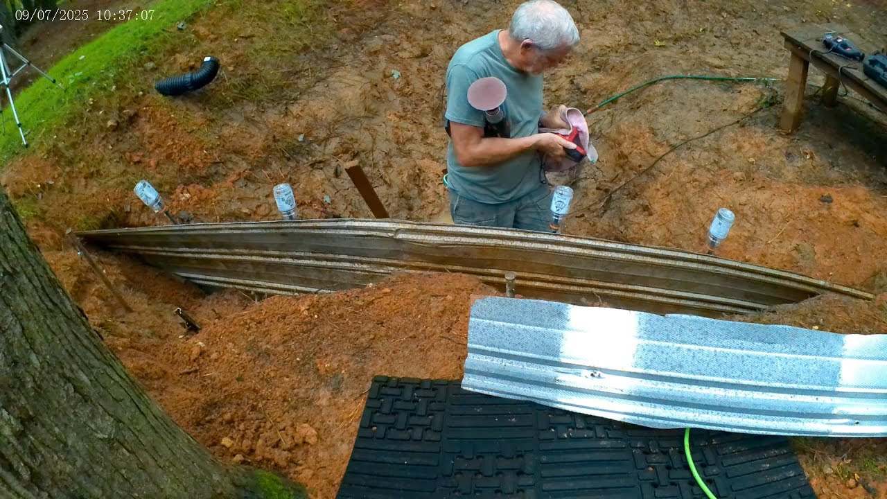 Build pond sea wall with sheet metal (Home Chores 41).