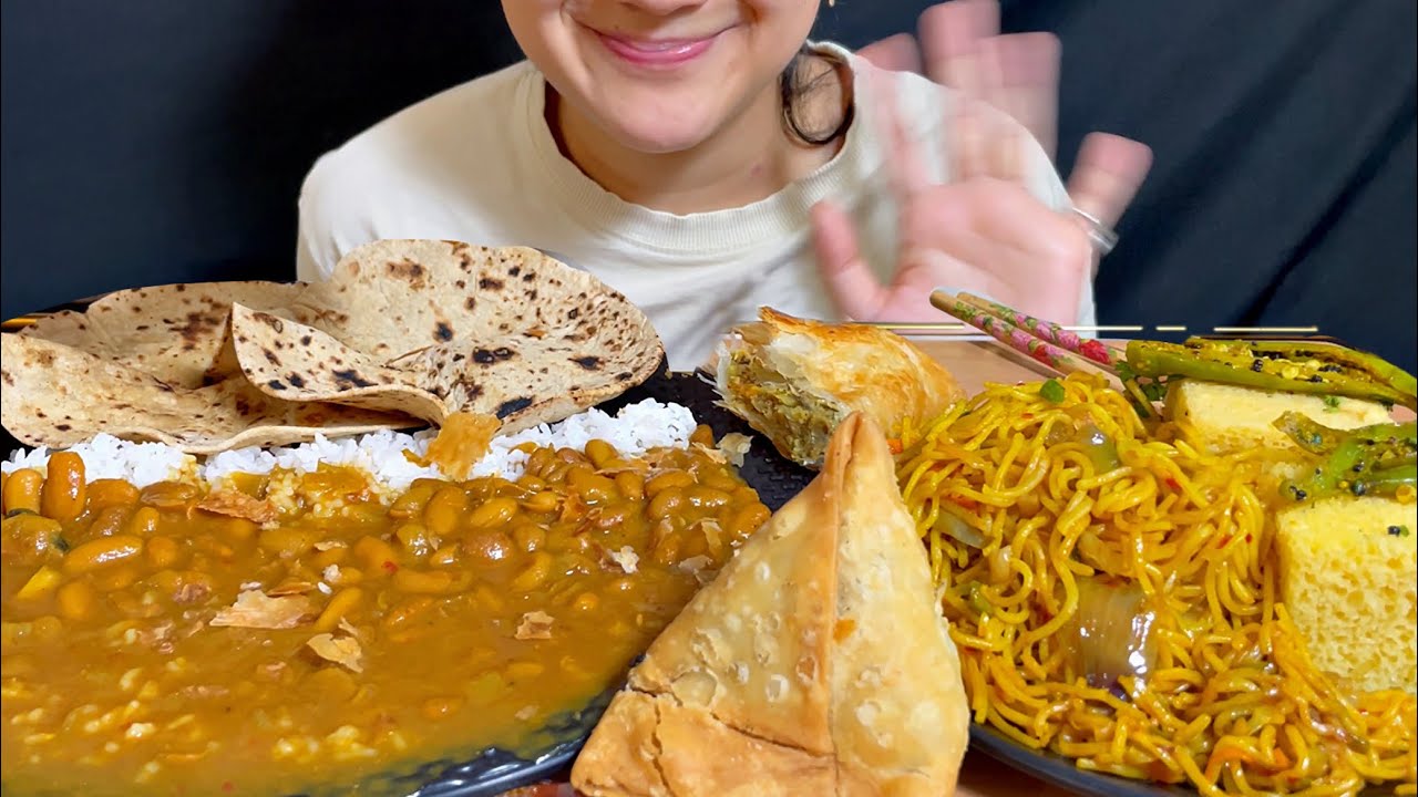 Eating rajma chawal, dhokla , chowmein , samosa , aalu patty