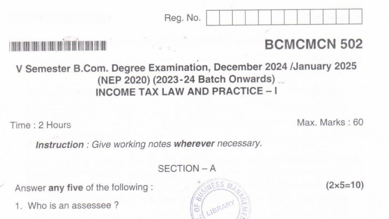 Income Tax law and Practice Question paper 2025 || B.Com 5th Semester Question paper 2025