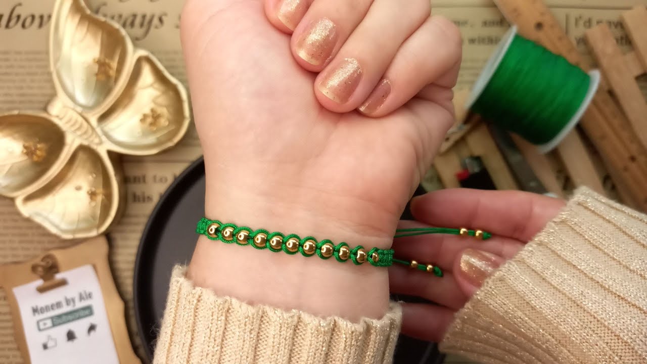 PULSERA DE HILO  nudo plano con balines dorados paso a paso 💚 Easy Bracelet