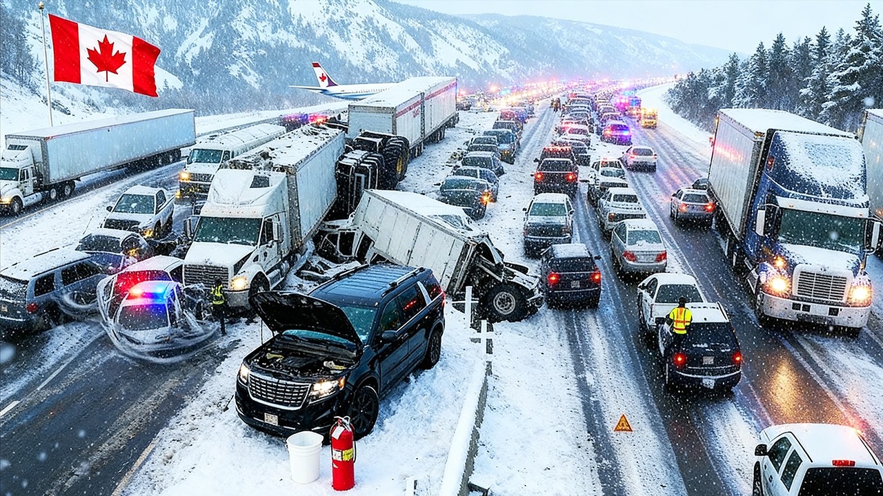 Зимний хаос в Канаде! ❄️ Масштабные аварии с участием множества автомобилей парализовали движение...