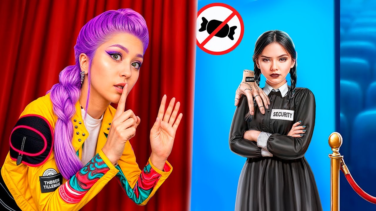 Desafio de filme com Huntrix e Wednesday Addams! Como levar lanches para o cinemasem serem vistos?