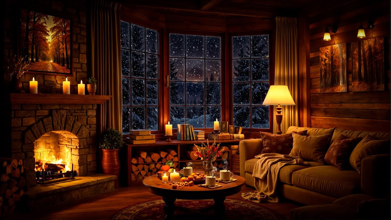 Cozy Winter Cabin Ambience with Soothing Jazz, Crackling Fireplace & Blizzard Sounds for Relaxation