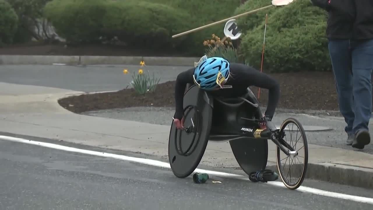 Wheelchair athlete Susannah Scaroni pulls over on Boston Marathon course