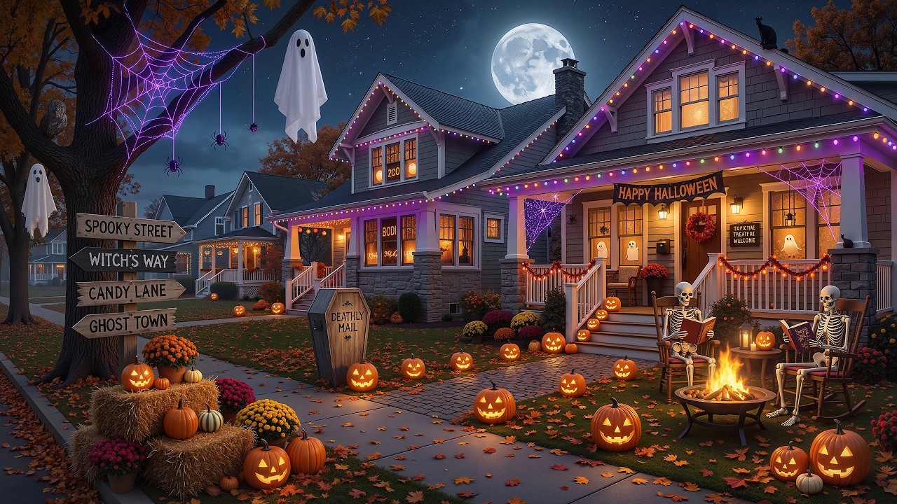 Peaceful Spooky Street Autumn Ambience🍂 Halloween Music, Fireplace & Night Nature Sounds for Sleep🎃