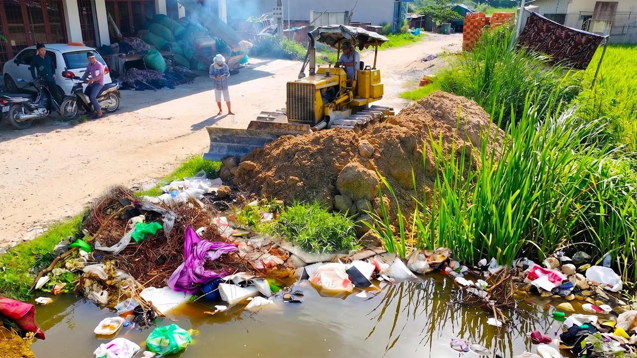 Starting Incredible New PROJECT! Landfill on Flooded Garbage Area Use Skill Dozer D21P & 5Ton Truck