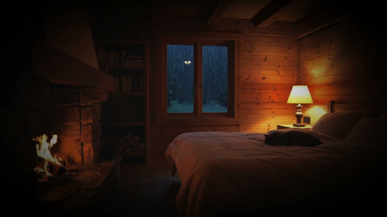 8 Hours Rainy Cabin Night 🌧 Fireplace for Deep Sleep