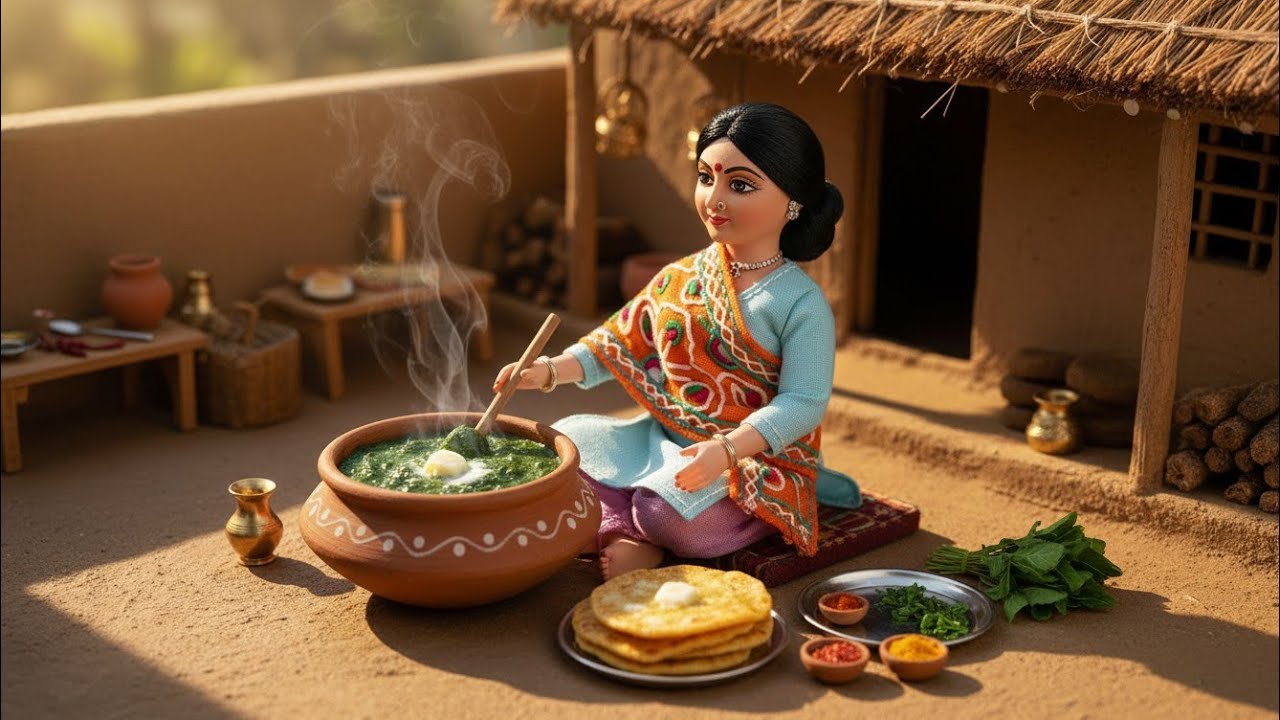 ASMR Miniature Village: Sarson ka Saag & Makki di Roti | Punjabi Winter Cooking on Chulha