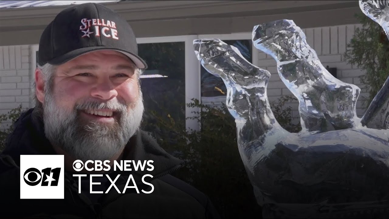 North Texas man carves giant Texas-themed ice sculpture for snow day
