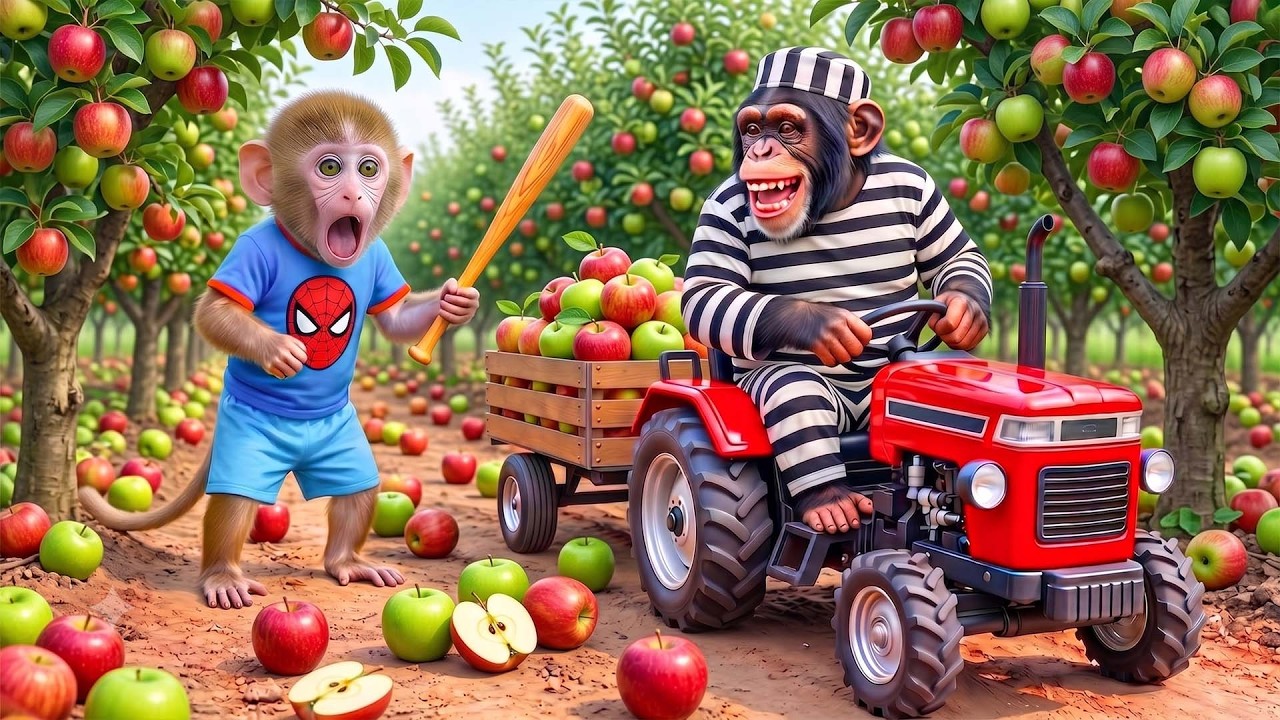 Monkey NaNa Drives a JCB Tractor to Harvest Apples and Spots the Sly Thief Escaping!