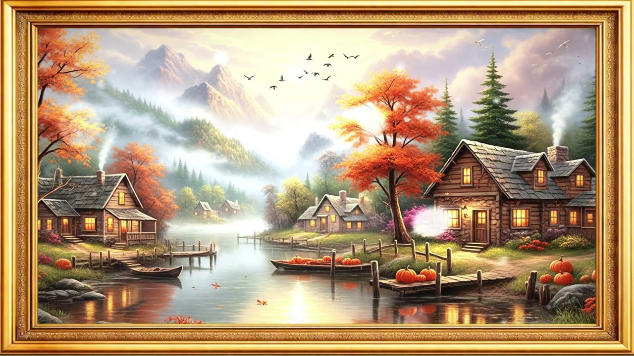 Autumn Mountain Lake Village at Golden Hour  4K Classic Landscape Art for TV Frame  Fall Serenity