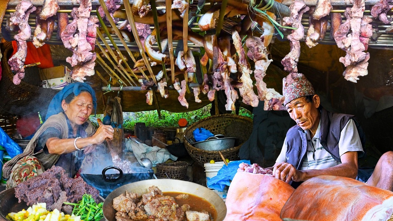 A Day in a Himalayan Village | Traditional Pork Cooking, Millet Dhido & Meat Preservation
