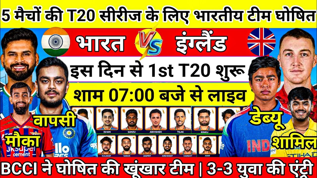 IND vs ENG T20 Series 2026 | 5 मैचों की T20 सीरीज के लिए भारतीय टीम घोषित | 3-3 नए खिलाड़ी को मौका| 
