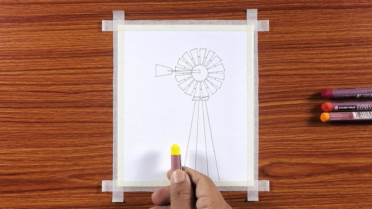WIndmill Sunset Scenery / Drawing with Oil Pastels / Step by Step