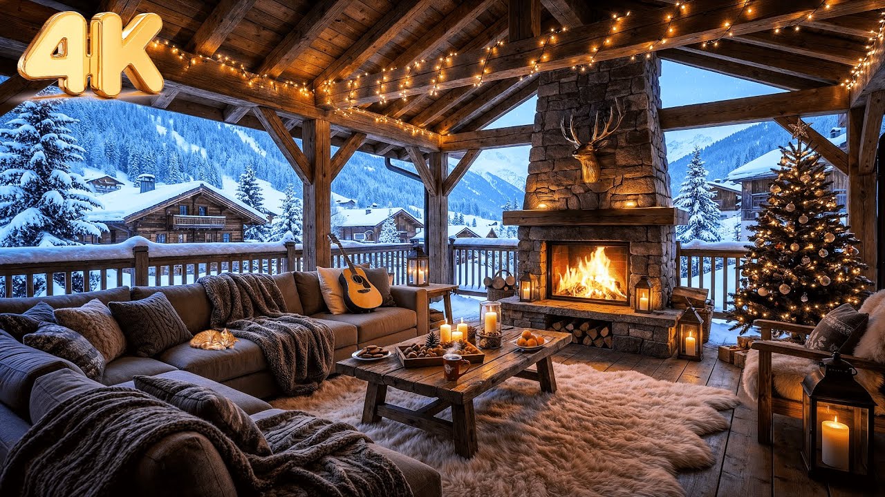 Cozy Winter Porch With Relaxing Jazz Music | Cabin Jazz & Fireplace in Snowy Mountains