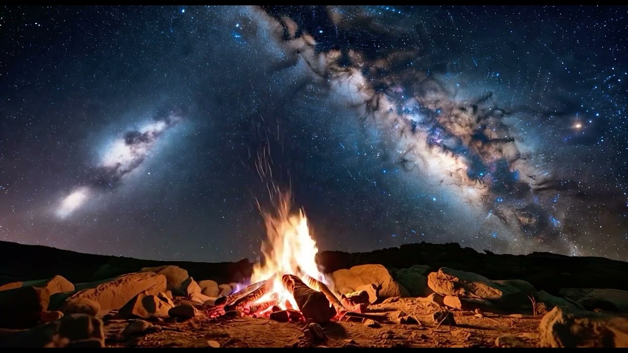 1 Hour Campfire Under the Stars Relaxing Night Sounds & Milky Way Sky | Sleep, Study, Calm