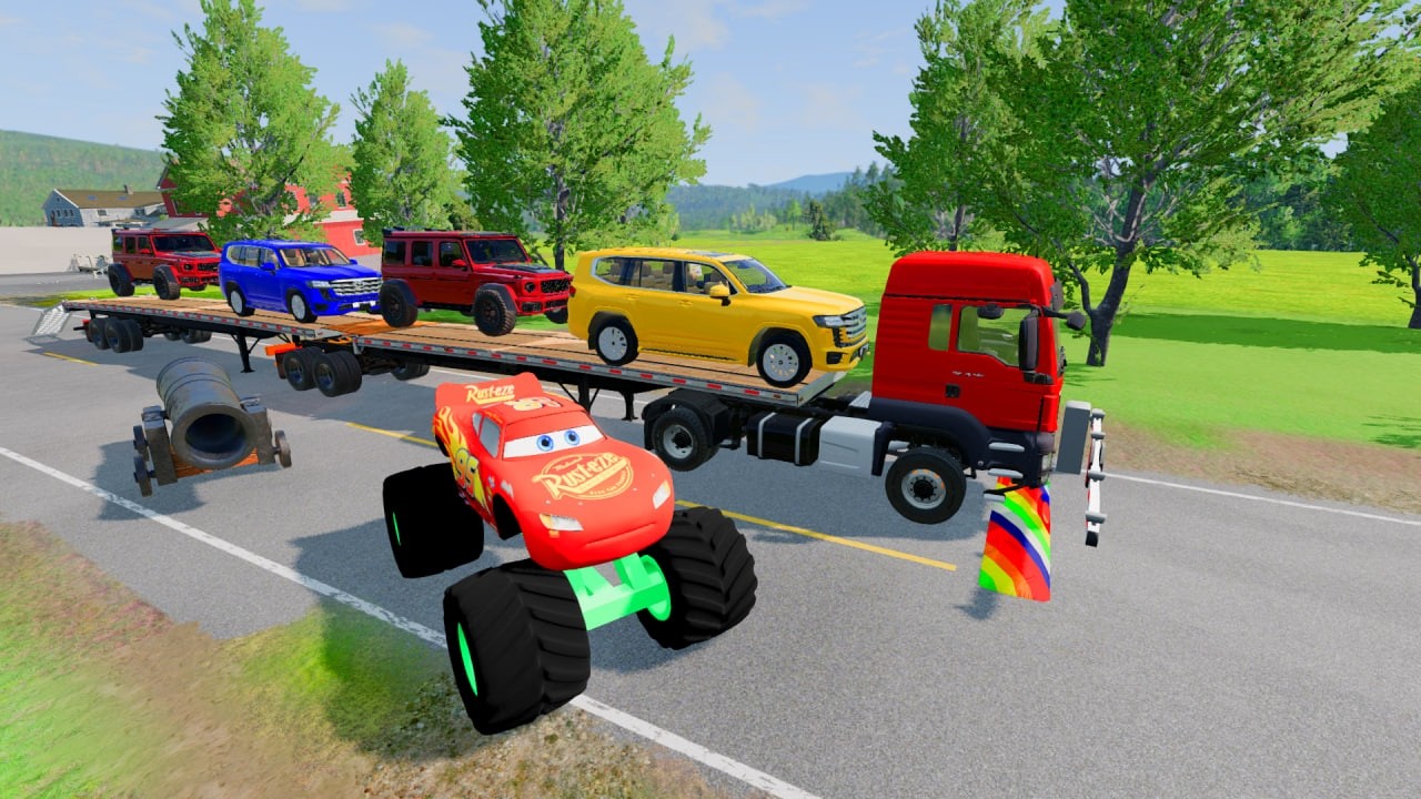 Flatbed Truck McQueen | Transportation with Truck - Pothole vs Car # | BeamNG.Drive Gameplay