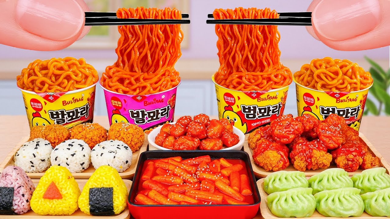 Samyang Ramen with Sushi & Tteokbokki 🍜 Receta de Kimbap y fideos de comida rápida pequeña
