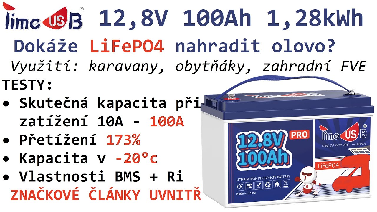 Test a Recenze TimeUSB 12,8V 100Ah LiFePO4 akupacku (drop-in náhrada za olověné baterie)