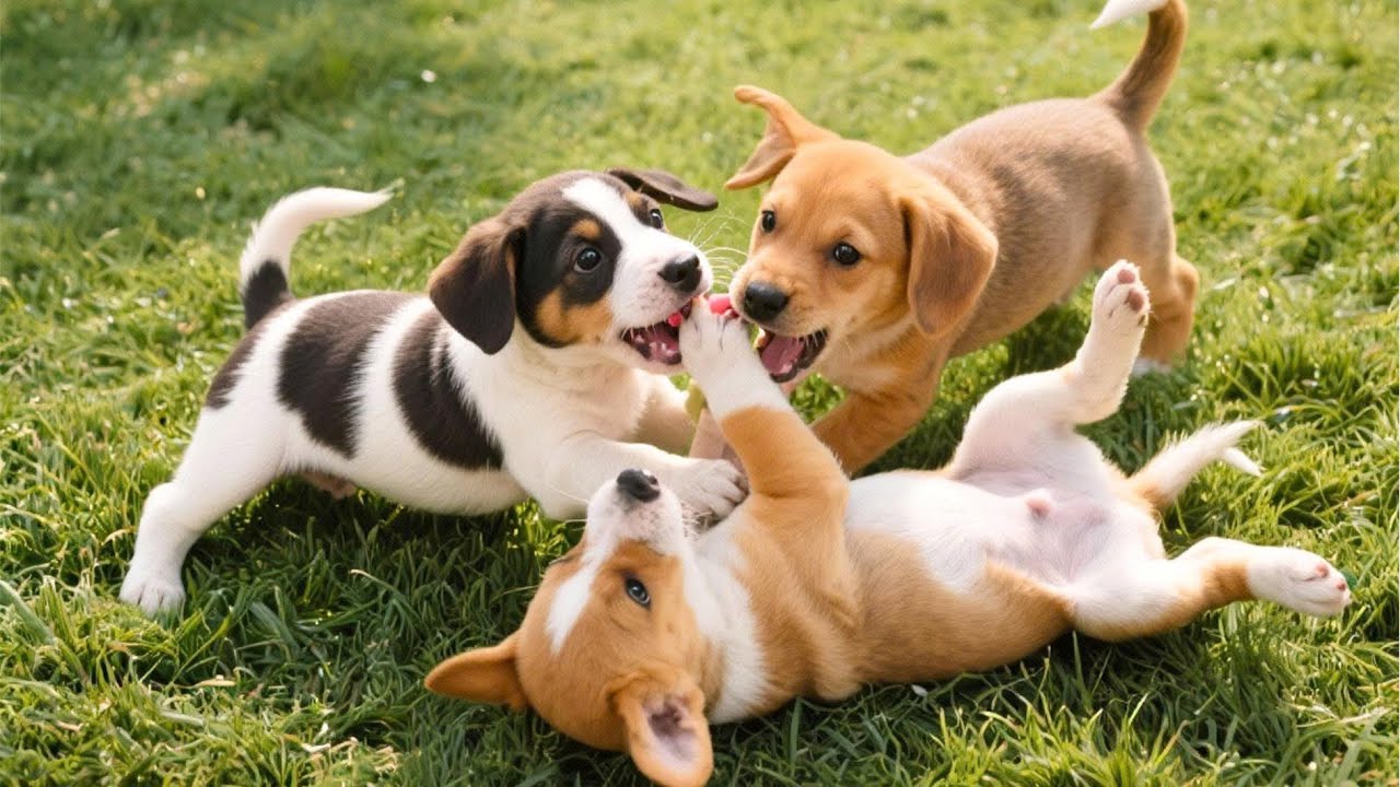 Puppies with adorable actions playing on the grass - Dog barking - Dog videos