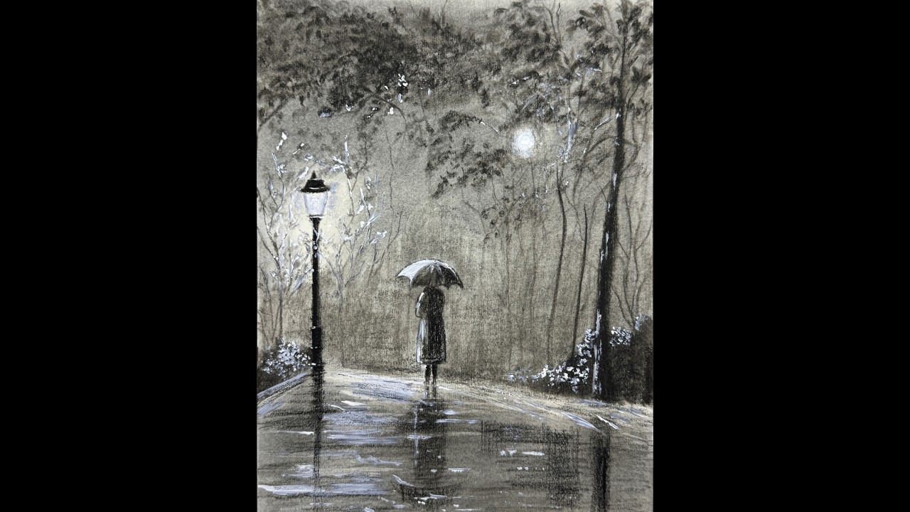 How to Draw a Girl with an Umbrella After Rain | Step by Step Tutorial for Beginners | Charcoal Art