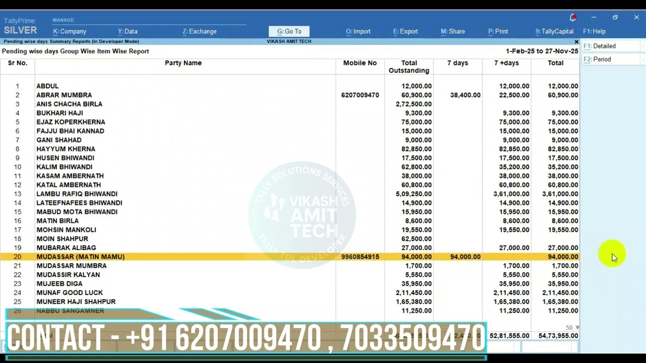 Tally TDL Outstanding Report 7/30/60/90 Days System Module