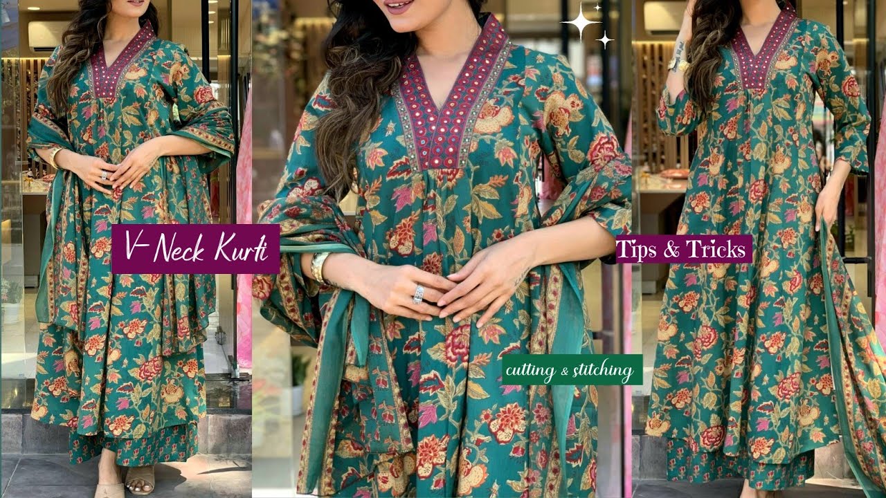 🔥Trending Insta Viral V-Neck Kurti Cutting and Stitching 🔥 Pleated V Neck Kurti Cutting Stitching