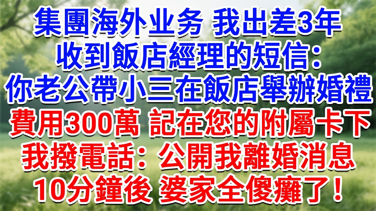 集團海外業務我出差3年，收到飯店經理的簡訊：你老公帶小三在飯店舉辦婚禮，費用300萬 記在您的附屬卡下。我撥電話：公開我離婚消息，10分鐘後 婆家全傻癱了！#情感故事#故事#小說#戀愛#情感#婚姻
