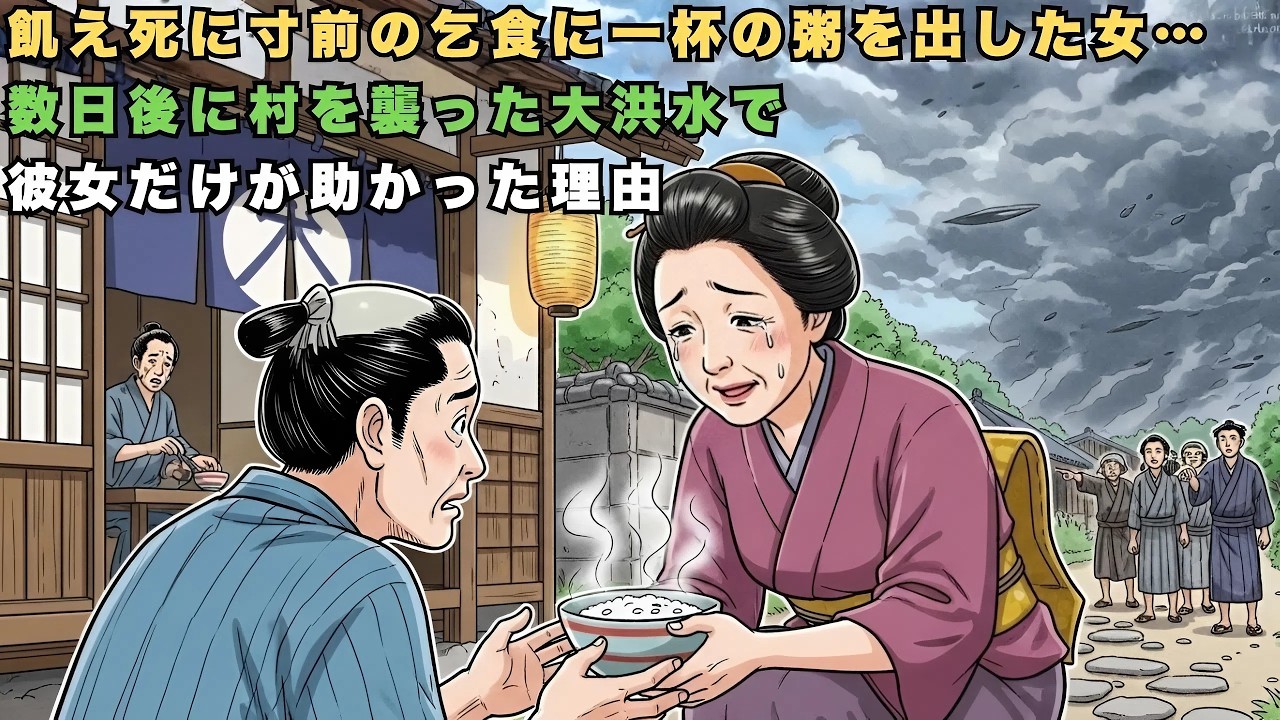 飢え死に寸前の乞食に一杯の粥を出した女… 数日後に村を襲った大洪水で彼女だけが助かった理由 | 野談 | 時代劇 | 昔話 | 説話 | 民話