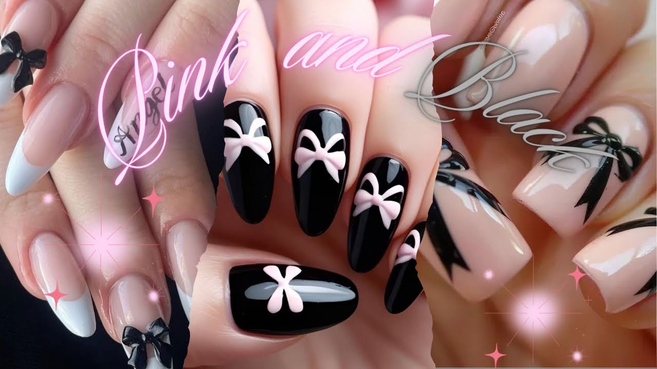 The ultimate pink and black nails with a bow 🎀