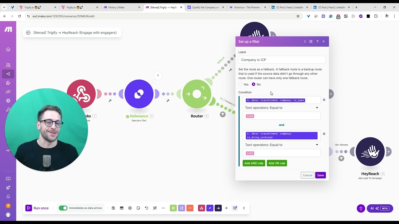 Engage with LinkedIn engagers via Make (Trigify, Relevance.ai, Enrich.so, and HeyReach)