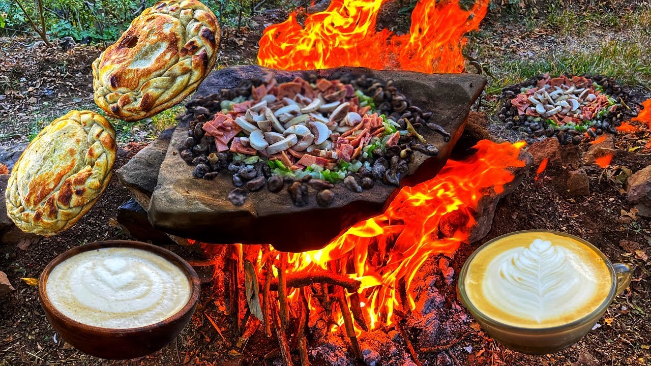 Primitive Chicken Hearts Over Open Fire + Latte Art | Stone Cookery ASMR Wilderness Cooking