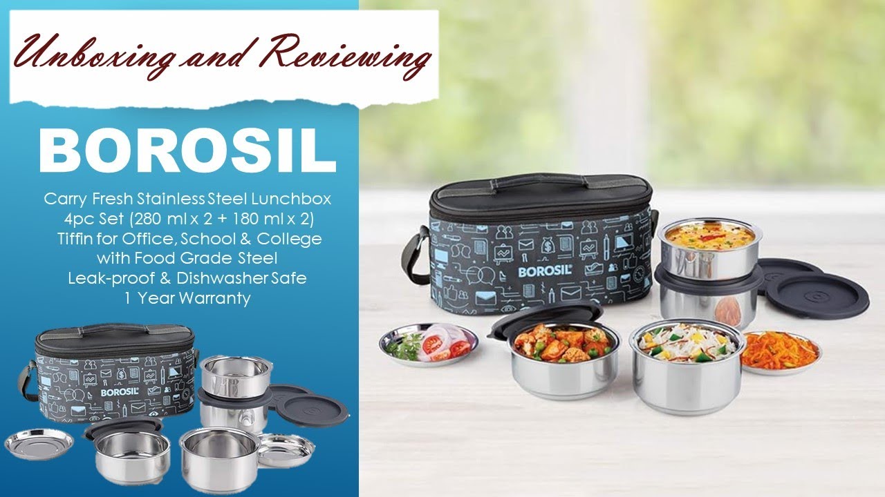 Borosil Carry Fresh Stainless Steel Lunchbox | 4pc Set (280 ml x 2 + 180 ml x 2)