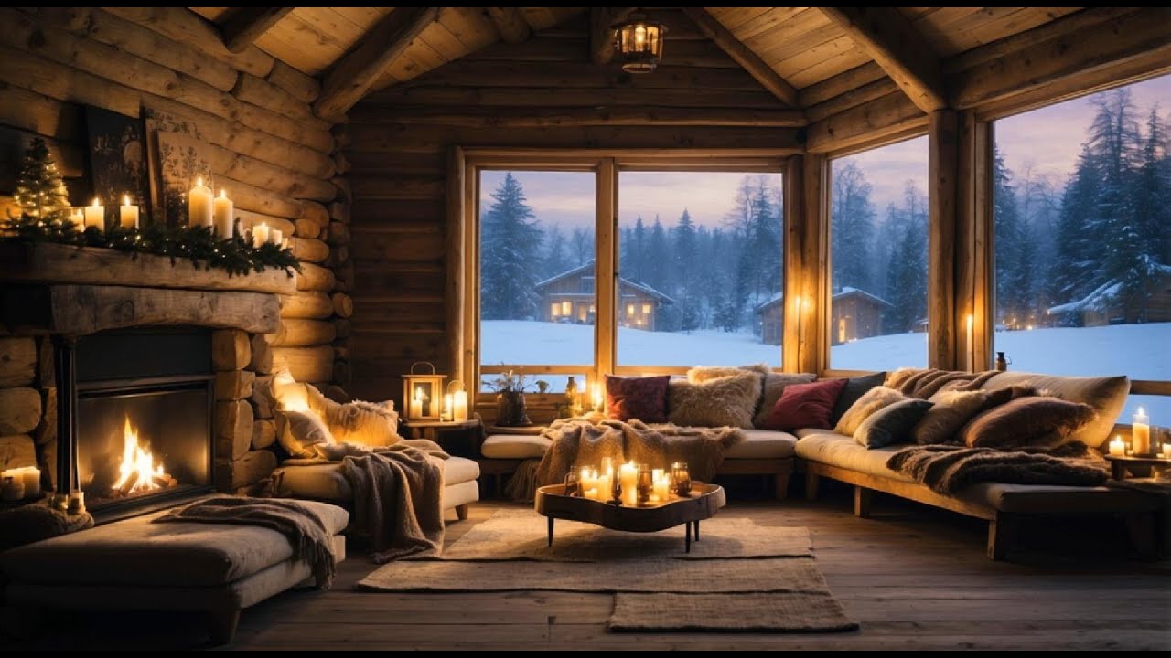 Cozy Winter Cabin Fireplace Ambience | Snowy Village View, Warm Candlelight