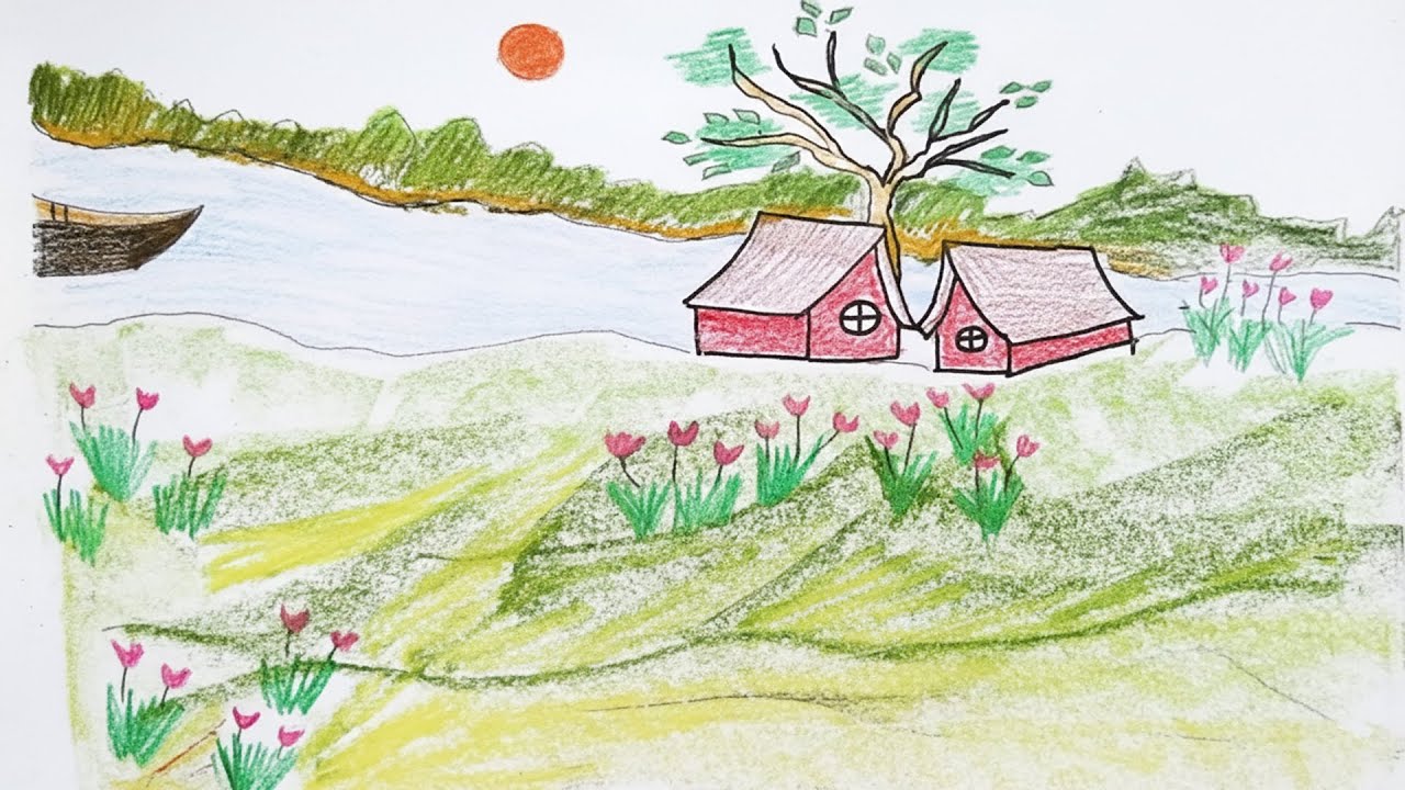 Village Scene Drawing for Kids ✨ Simple & Colorful Nature Tutorial
