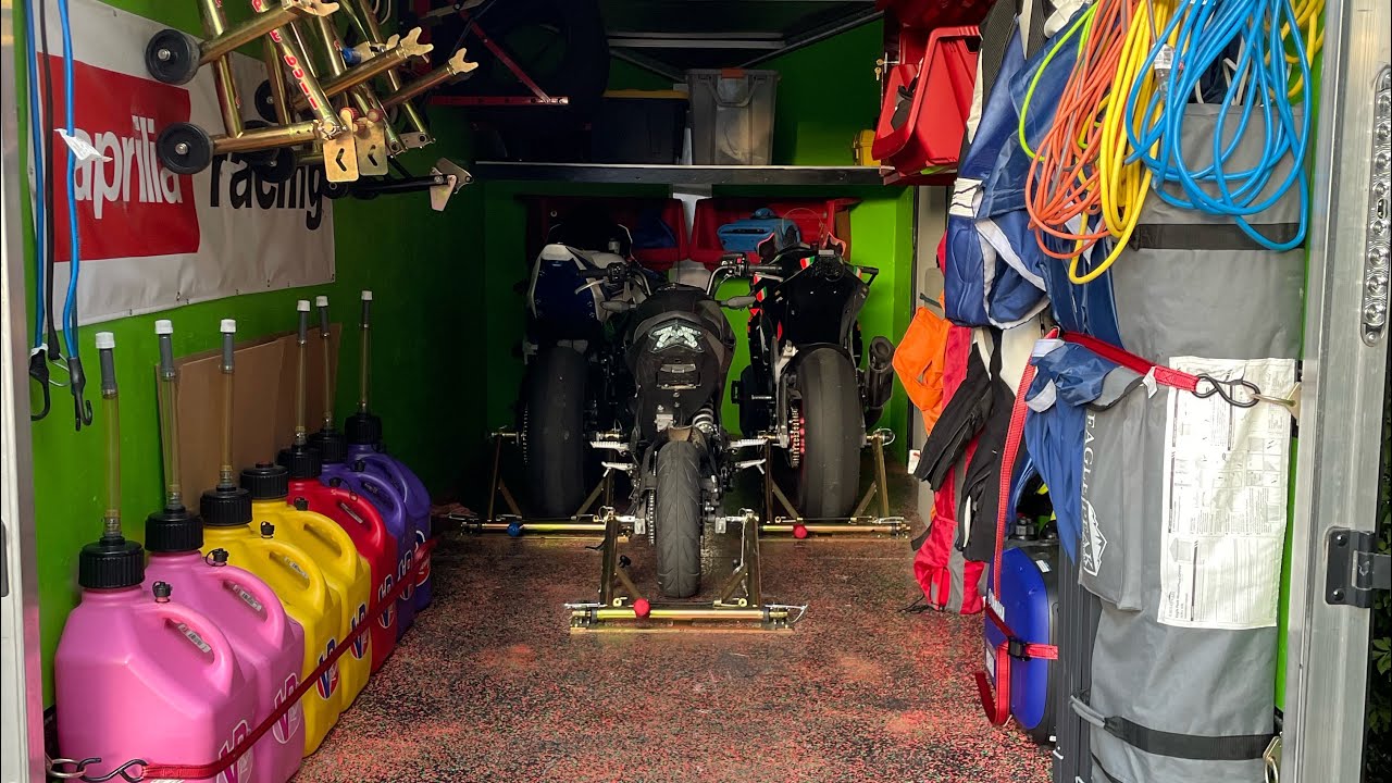 Motorcycle track day trailer setup 7x16 v-nose aluminum enclosed trailer