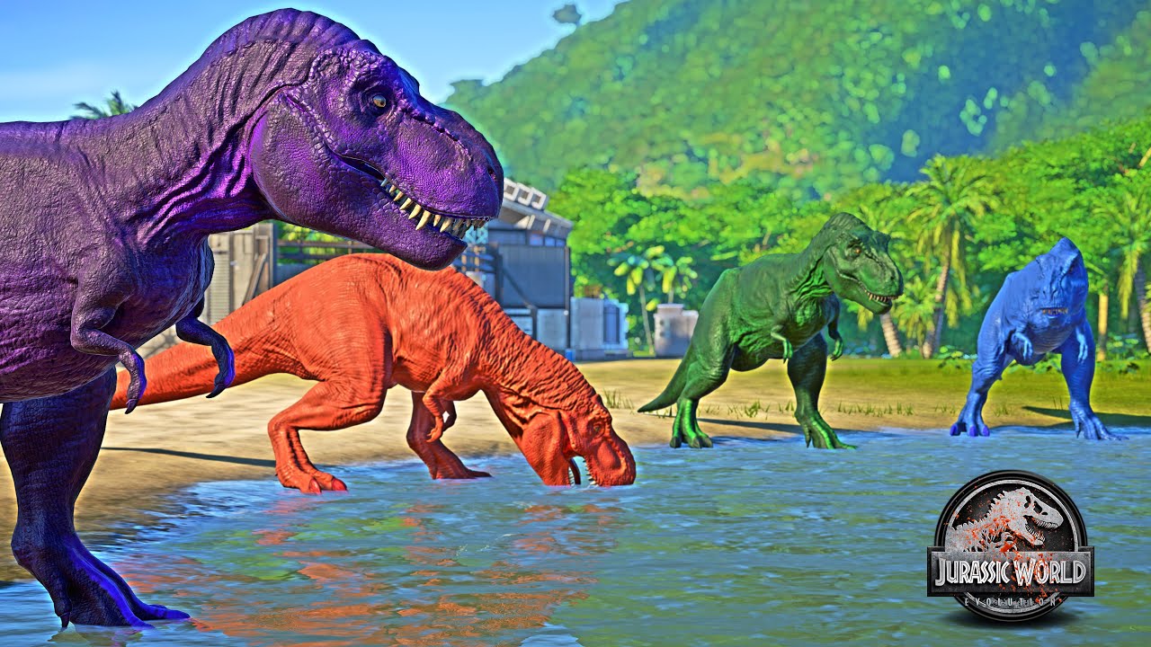 Colorful Tyrannosaurus REX (T-REX) Team vs Super Hero Dinosaurs Fight 🌍 Jurassic World Evolution
