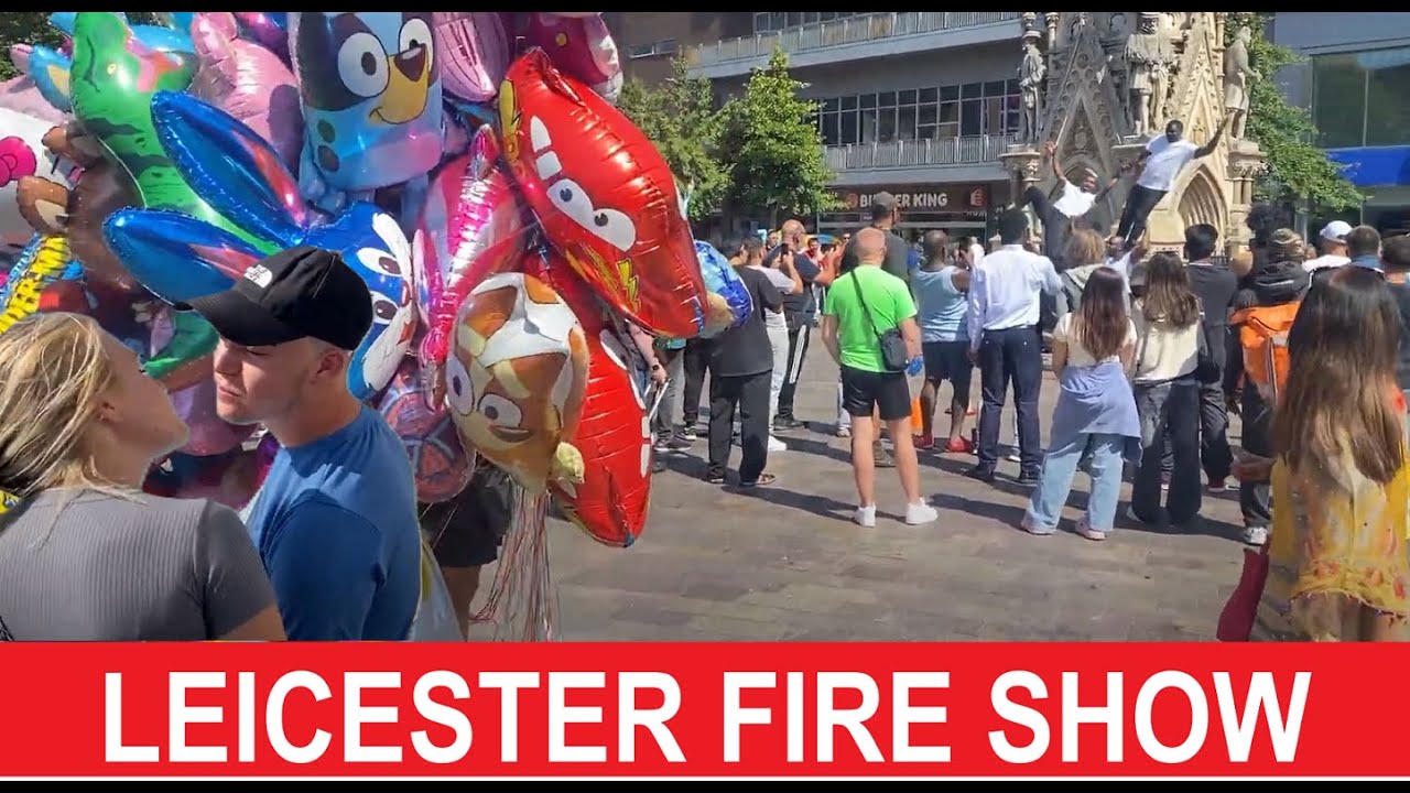 AMAZING FIRE SHOW IN LEICESTER CITY CENTRE WALKING TOUR UNITED KINGDOM