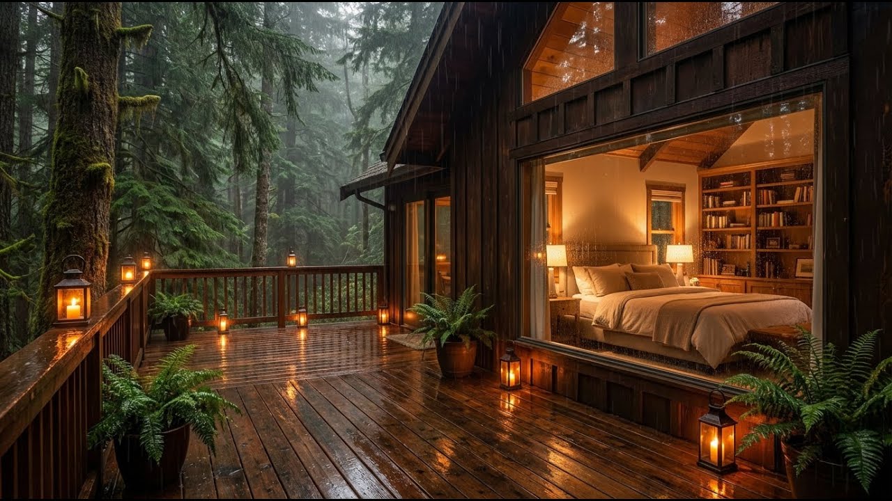 Deep Zen Rain Sounds & Piano in Rainy Forest Cabin Library for Total Brain Relax 📚🧘