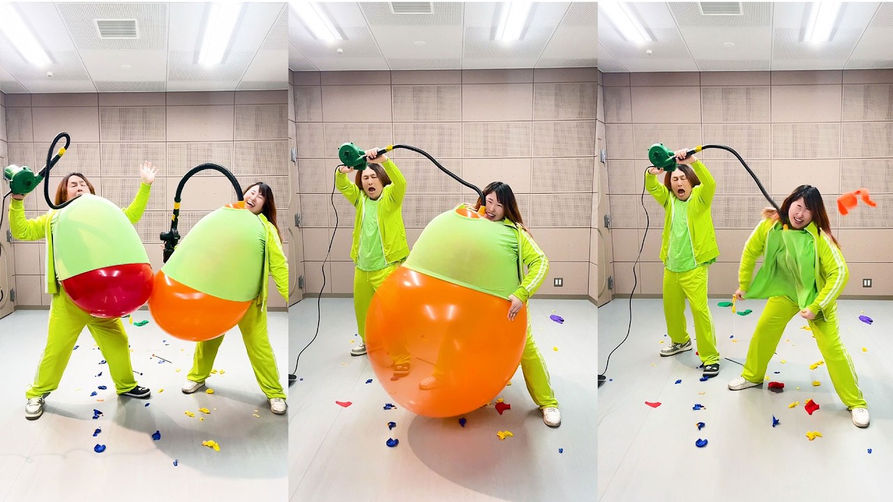 巨大風船を服の中で割れるまで膨らませたらどっちが早い!? 対決やってみた Giant Balloon Pop Race Challenge: Who Can Pop It Faster?! vol.4