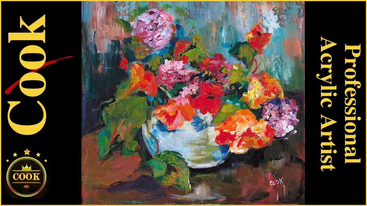 How to Paint a Vase of Nasturtiums by Gauguin with Acrylics with  a Palette Knife Background