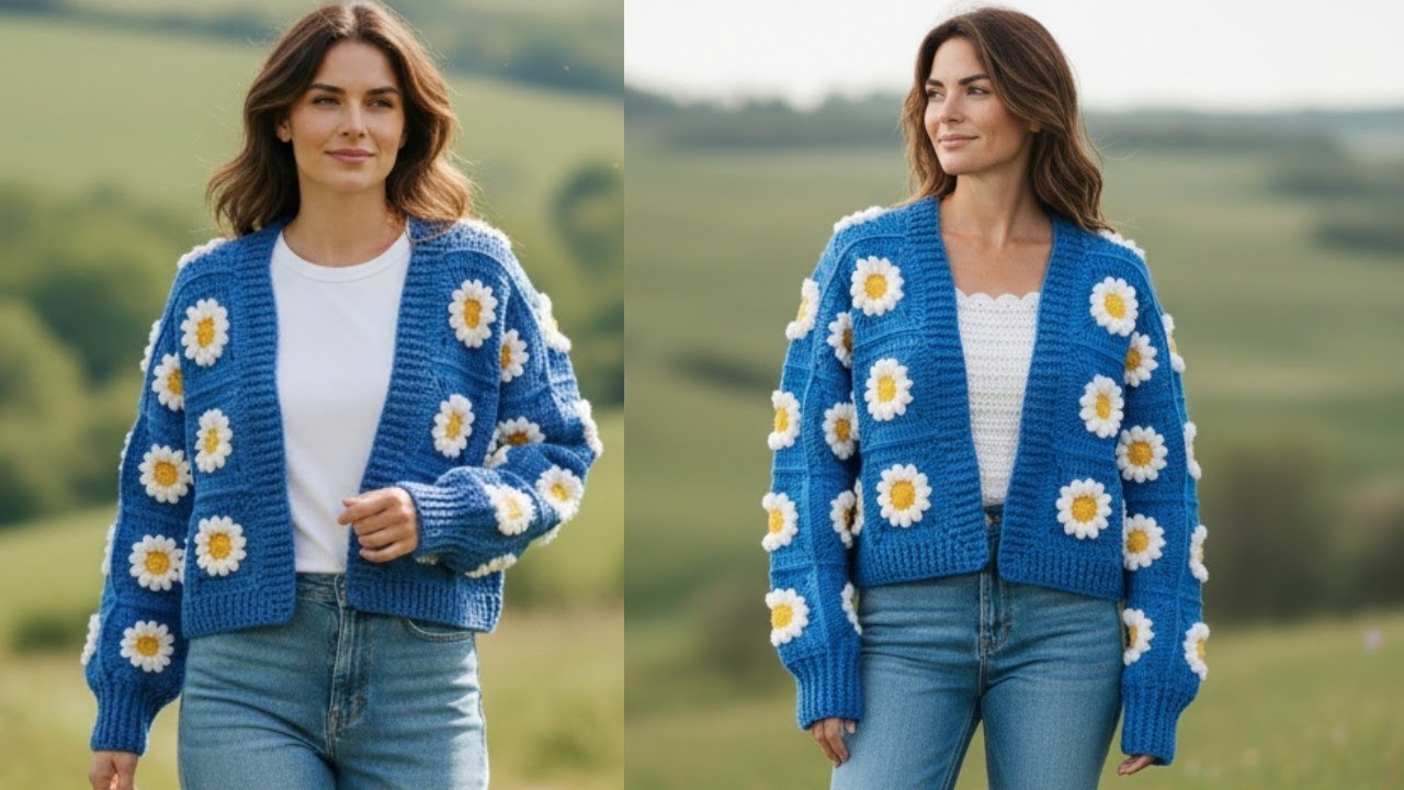 Papatya Hırka 1. Bölüm /  DAISY CARDIGAN 💙 Motifli Hırka
